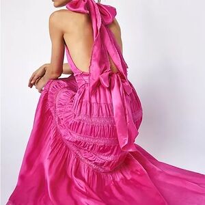 LoveShackFancy Vendima Halter Bright Pink Maxi Dress sz L NWT
